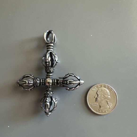 Tibetan Stainless Cross Vajra Dorje Amulet Keychain Pendant Buddhist Ritual Tool - Picture 3 of 6
